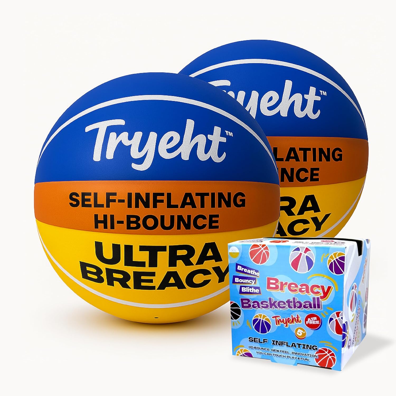 Mini Basketball, 5-Inch Self-Inflating Rubber Breacy Ball – No Pump Needed, High-Bounce for Indoor Mini Hoop & Outdoor Play, (Blue and Yellow)