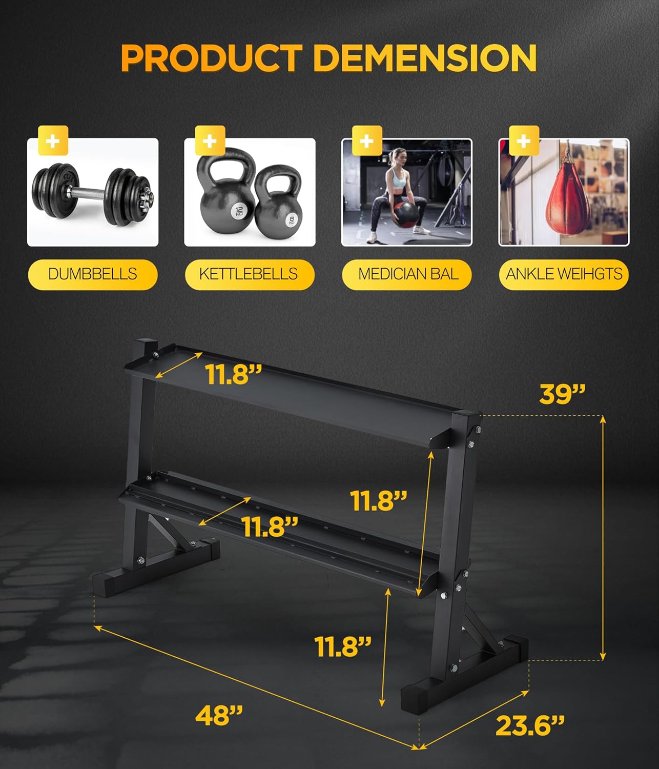 48" Kettlebell Storage Rack, 2-Tier Dumbbell and Kettlebell Rack for Home Gym, 1000LBS Weights Storage for Free Weights, Dumbbells, Kettlebells and Medicine Ball