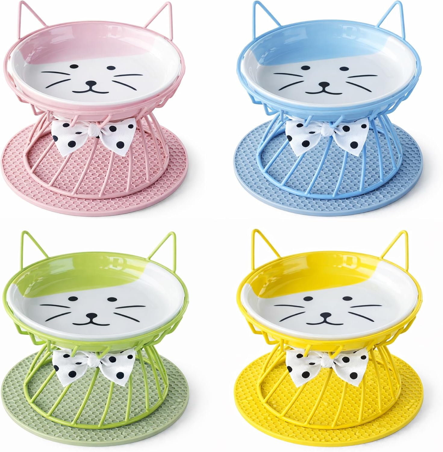 Ceramic Cat Bowls Set of 4, Raised Cat Food Bowl with Stand, Elevated Pet Food Feeding Station for Indoor Cats, Reduce Neck Stress, Whisker Friendly,for Kitten, Cat, Puppies, Dishwasher Safe