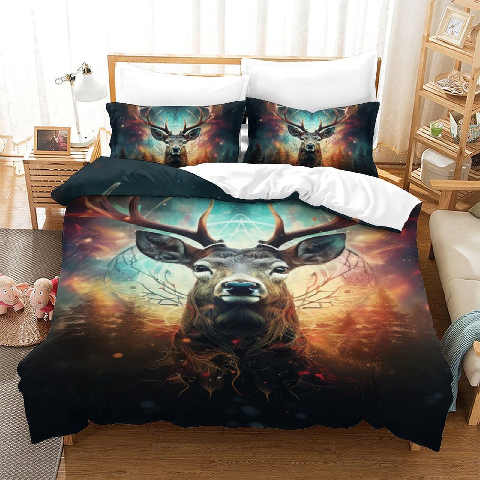 Housse de couette 3D wapiti 140x200 parure de lit 3 pièces taies d'oreiller