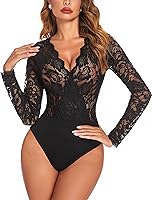 Avidlove Women's Sexy Lace Long Sleeve Bodysuit V Neck Snap Crotch One Piece Teddy Lingerie for Date Night