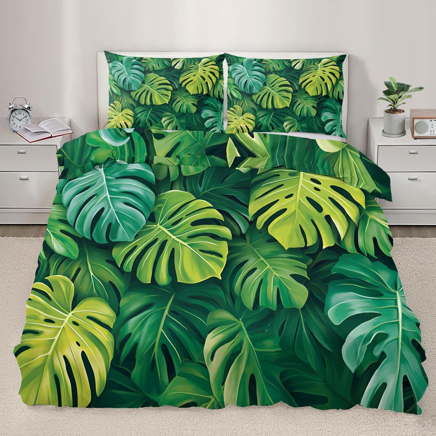 Housse de couette 240x260 monstre vert avec 2 taies d'oreiller pour lit 2 personnes