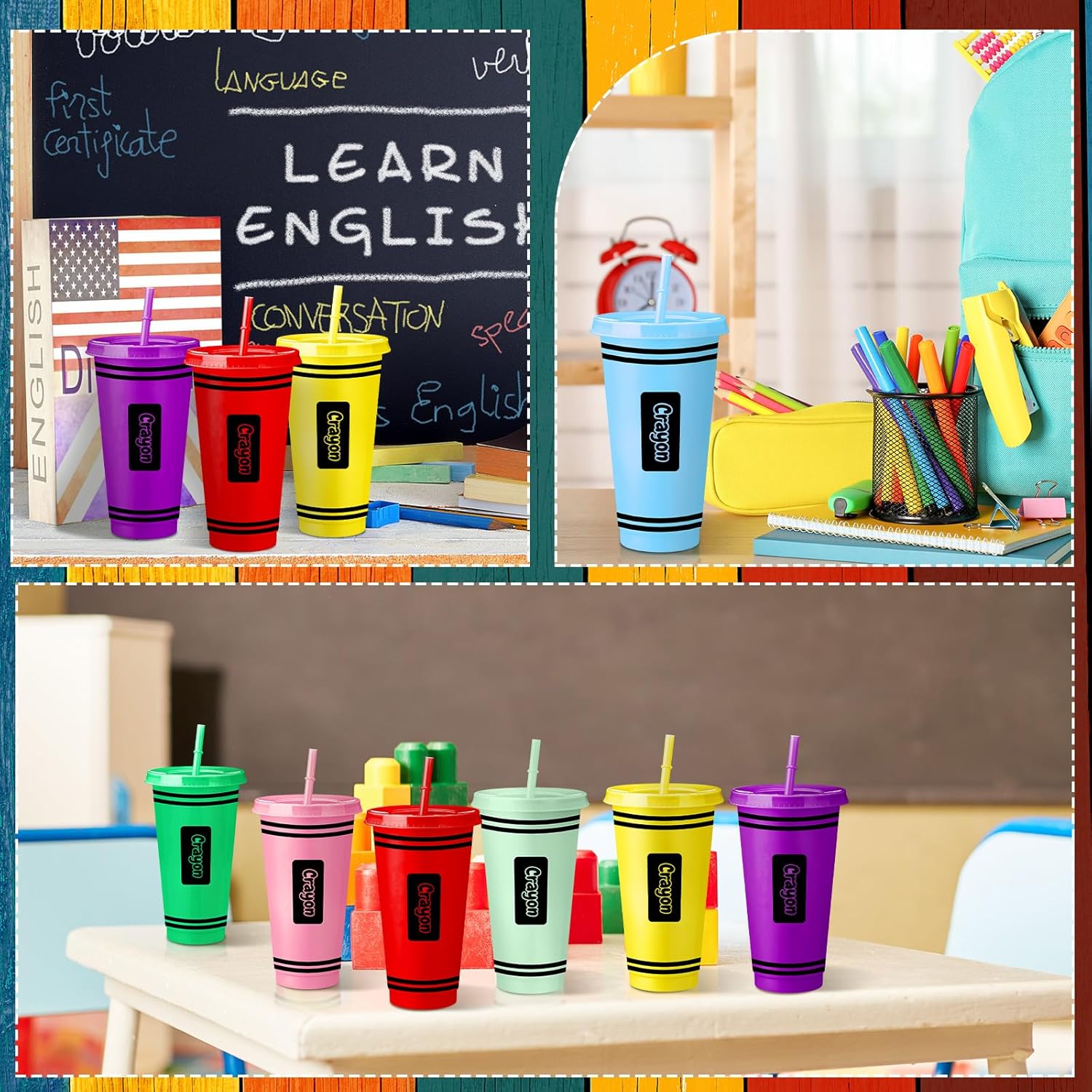 Skylety 12 Pcs Teacher Appreciation Gifts Bulk Christmas Gifts 24 oz Crayon Plastic Tumblers with Lids and Straws Reusable Water Bottle Classroom Party Favors Birthday Party Decorations - Image 6