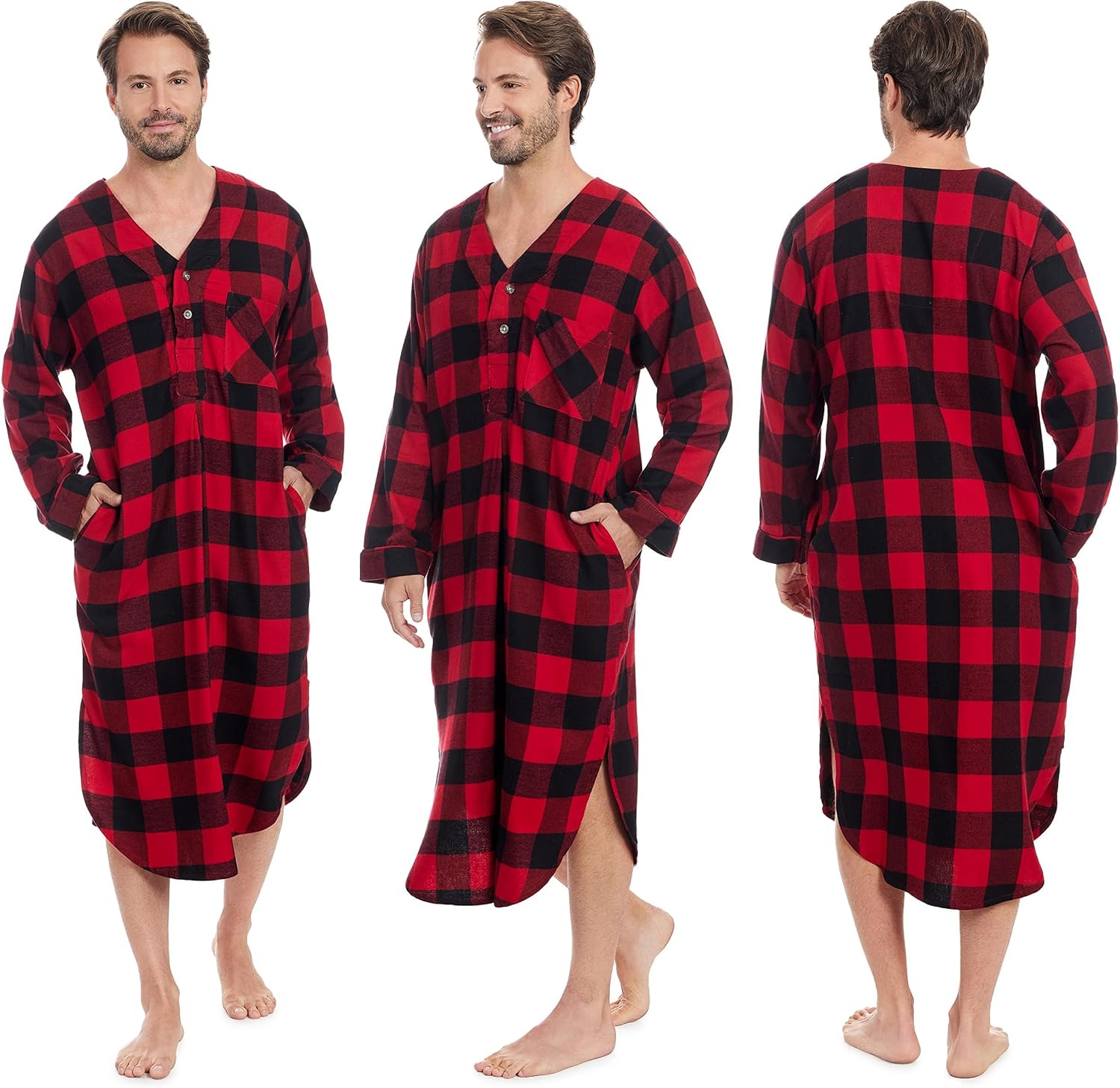 Andrew Scott Men's 2 Pack Lightweight Cotton Flannel Sleep Shirt, Long Henley Nightshirt Pajamas