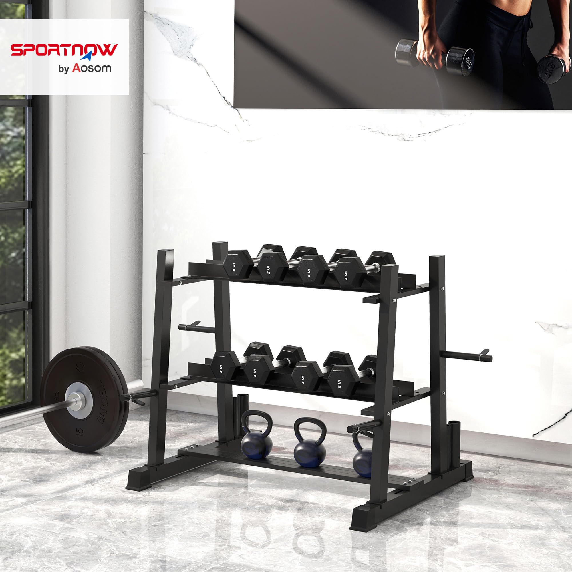 SPORTNOW Rastrelliera per Manubri in Acciaio con 4 Aste a Distanza Regolabile per Pesi, Kettlebell e Bilancieri, 131x75x80 cm, Nero