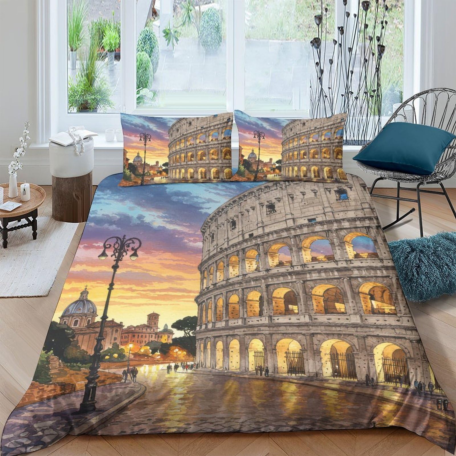 Ctjqhvkz Style-3 3D Printed Rome Sunset Fitted Sheet Microfiber Anti-Slip Colosseum Bed Cover For Bedroom Guest Room Decor Single（135X200cm）