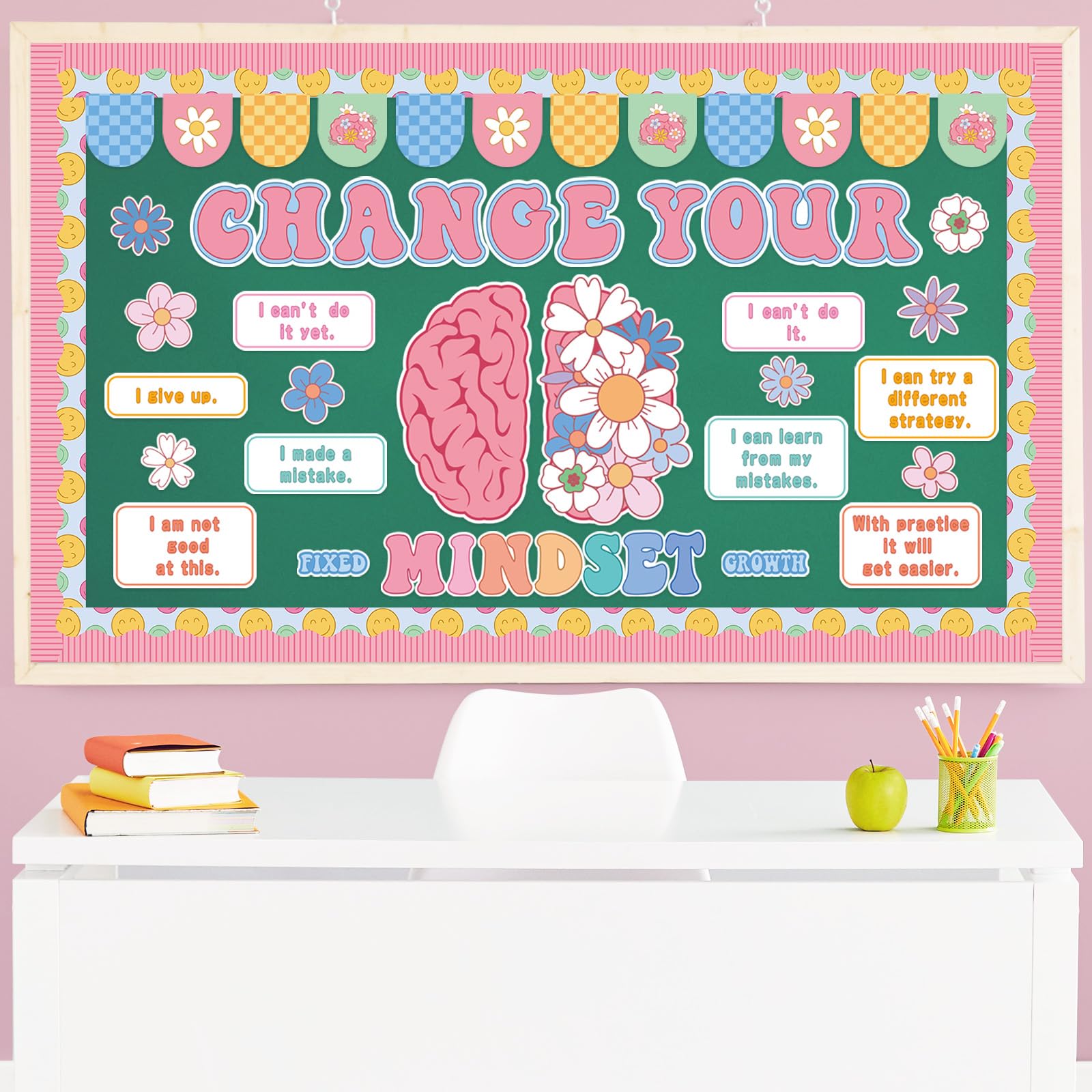 FYSUIMU Bloom with a Growth Mindset - Juego de tablón de anuncios motivacional para cambiar tu mentalidad, póster floral de primavera, decoración de aula para profesores, estudiantes, pared escolar