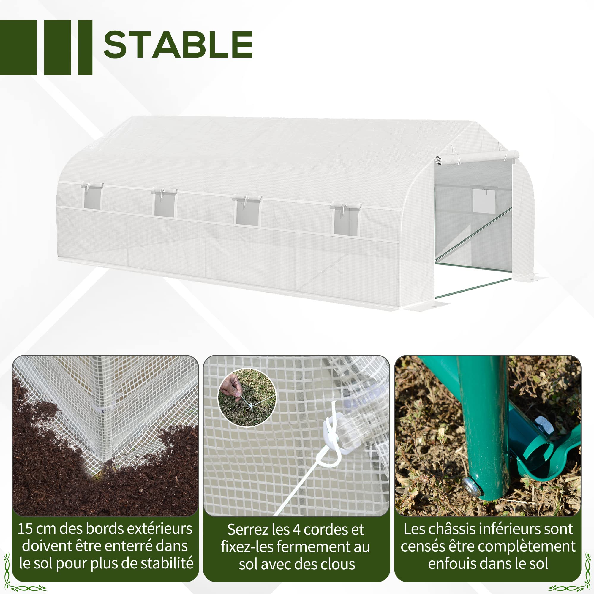 Outsunny Serre Tunnel de Jardin 18 m² dim. 5,95L x 3l x 2H m Porte + 8 fenêtres enroulables Acier galvanisé bâche PE Haute densité Blanc