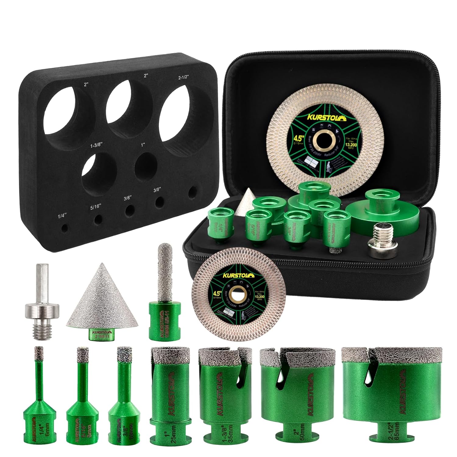 Diamond Tile Hole Saw Kit - KURSTOL 6/6/8/20/25/35/50/75/100mm Diamond Core Drill Bits+4/5" Finger Milling Bit+2" Beveling Chamfer Bit+SDS Adapter for Porcelain Ceramic Tile Granite Marble