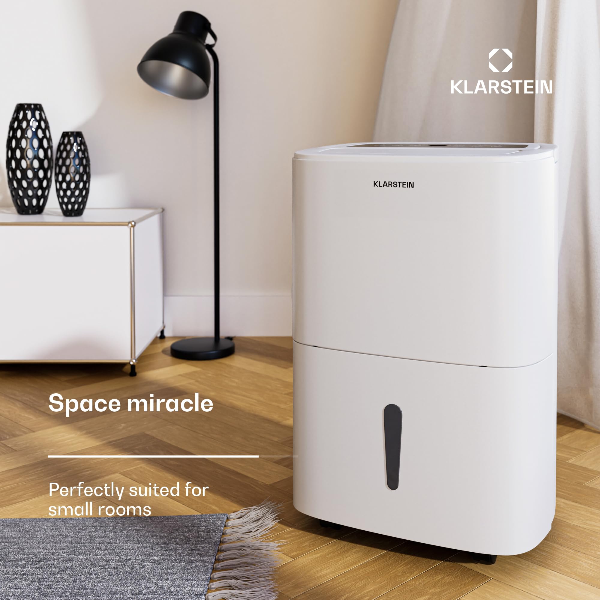 Osuszacz powietrza Klarstein DryFy 20L - 400 W, 20 l/dzień, zbiornik 5 l, poziom hałasu 46 dB, automatyczne osuszanie, tryb suszenia prania, timer, do domu, sypialni, biały