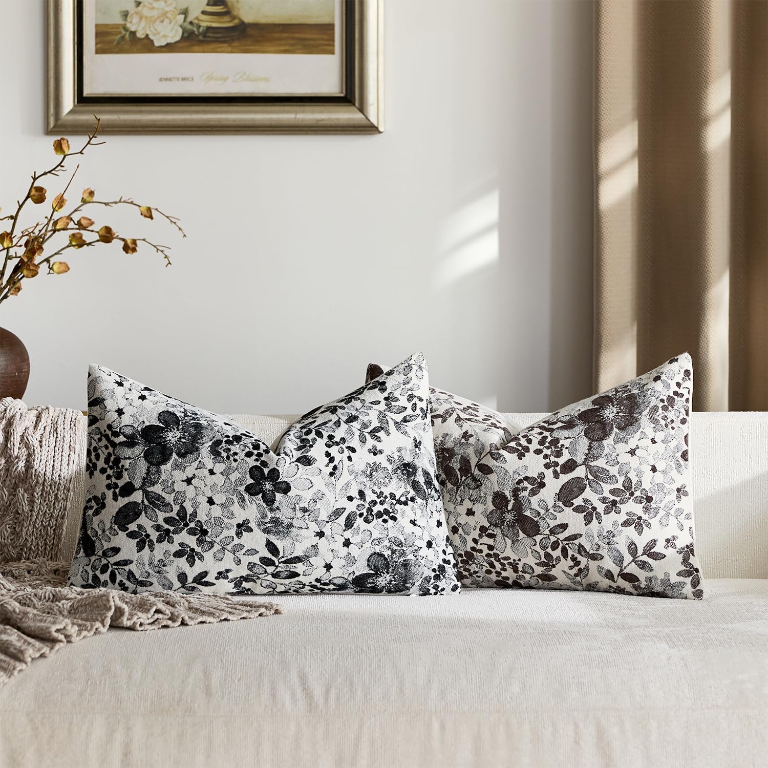 Vintage Floral Lumbar Pillow Covers 12x20 Pack of 2 Country Farmhouse Accents Chenille Jacquad Rectangular Decorative Throw Pillow Cases for Living Room Couch Bed Home Decor, Deep Brown - Image 4