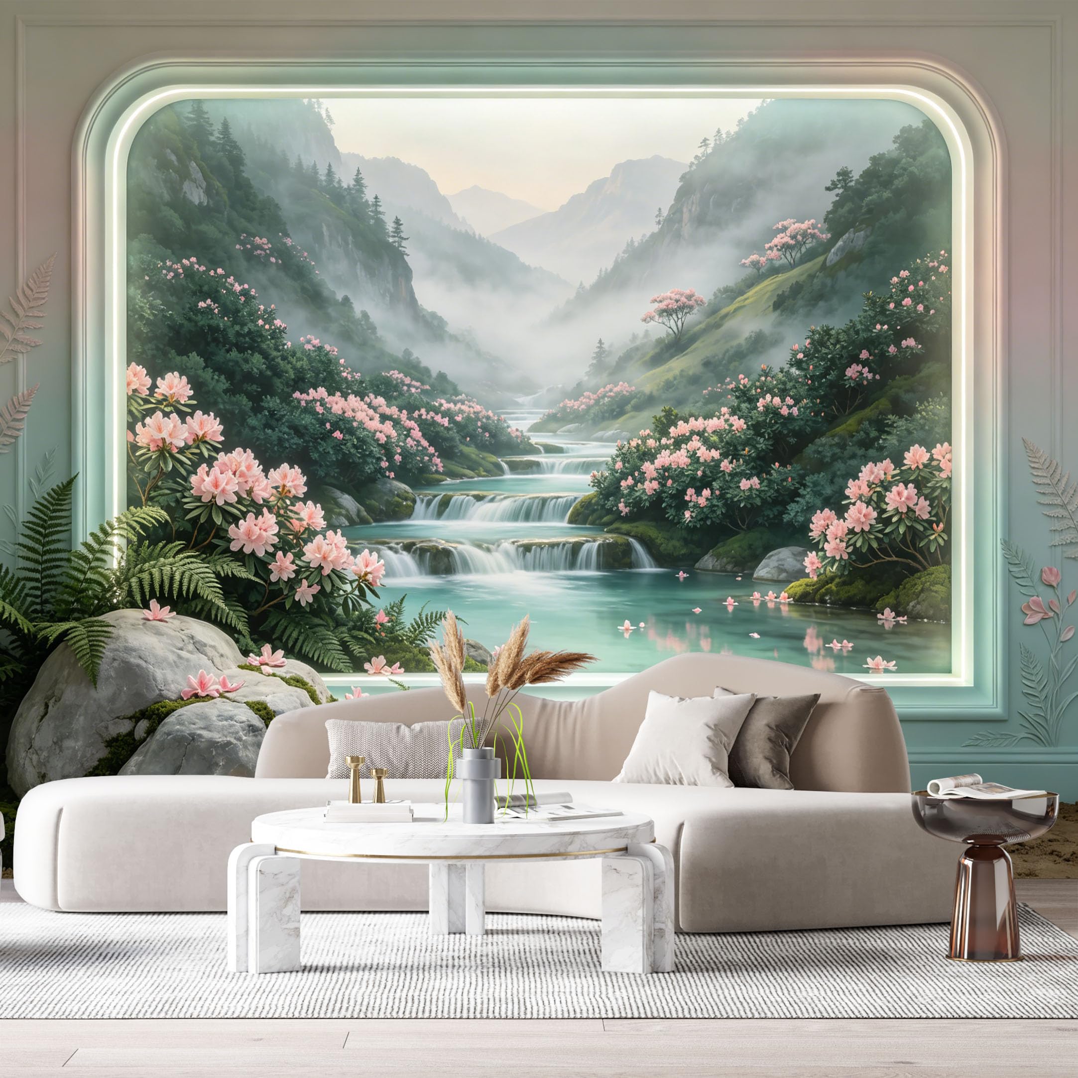 Custom Size Wall Mural Misty Mountain Stream Pink Floral Landscape 3D Trompe L'Oeil SelfAdhesiveWall Fabric Removable Wallpaper Wall Decor for Living Room Bedroom Bathroom