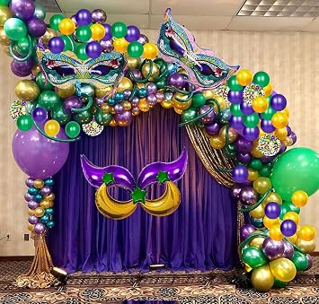 114 PCS Mardi Gras Party Decorations Green Purple Yellow Balloon Arch Large Sized Mask Moon Star Foil Balloons for Mardi Gras Birthday Baby Shower Masquerade New Orleans Party