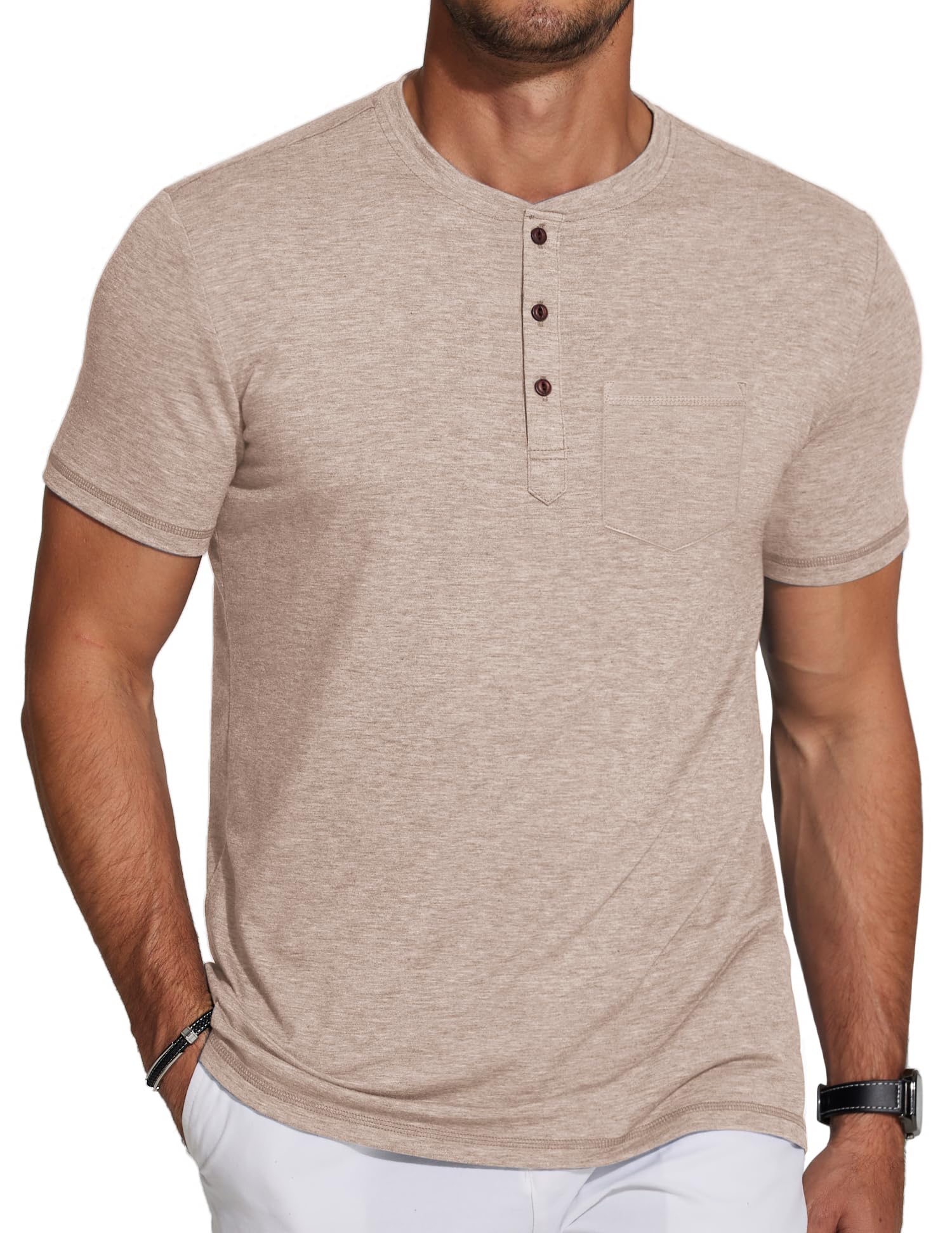 COOFANDY Camicia da uomo casual Henley a maniche corte con tasca T-shirt leggera con bottoni Henley Pullover Basic Tees