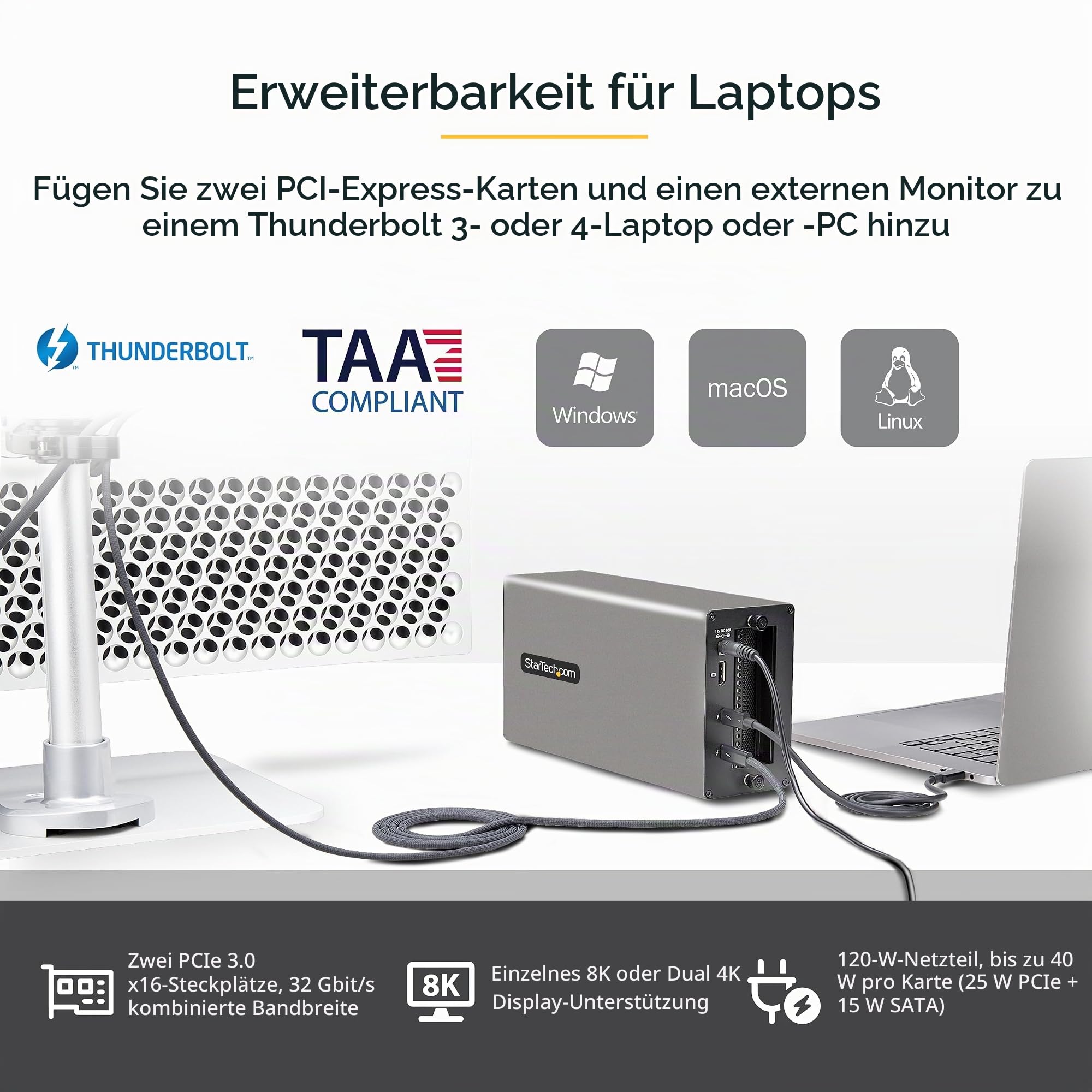 StarTech Thunderbolt 3 PCIe Erweiterungsgehäuse (2TBT3-PCIE-ENCLOSURE) | Externes Gehäuse mit zwei Steckplätzen für Laptops, Desktops, 8K/4K Ausgang über TB3/DP 1.4