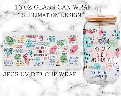 Miniatura 5 de Adhesivo de transferencia de vidrio UV DTF - 3 piezas de autoamor salud mental, sin costuras, mis afirmaciones diarias de la Biblia, calcomanías