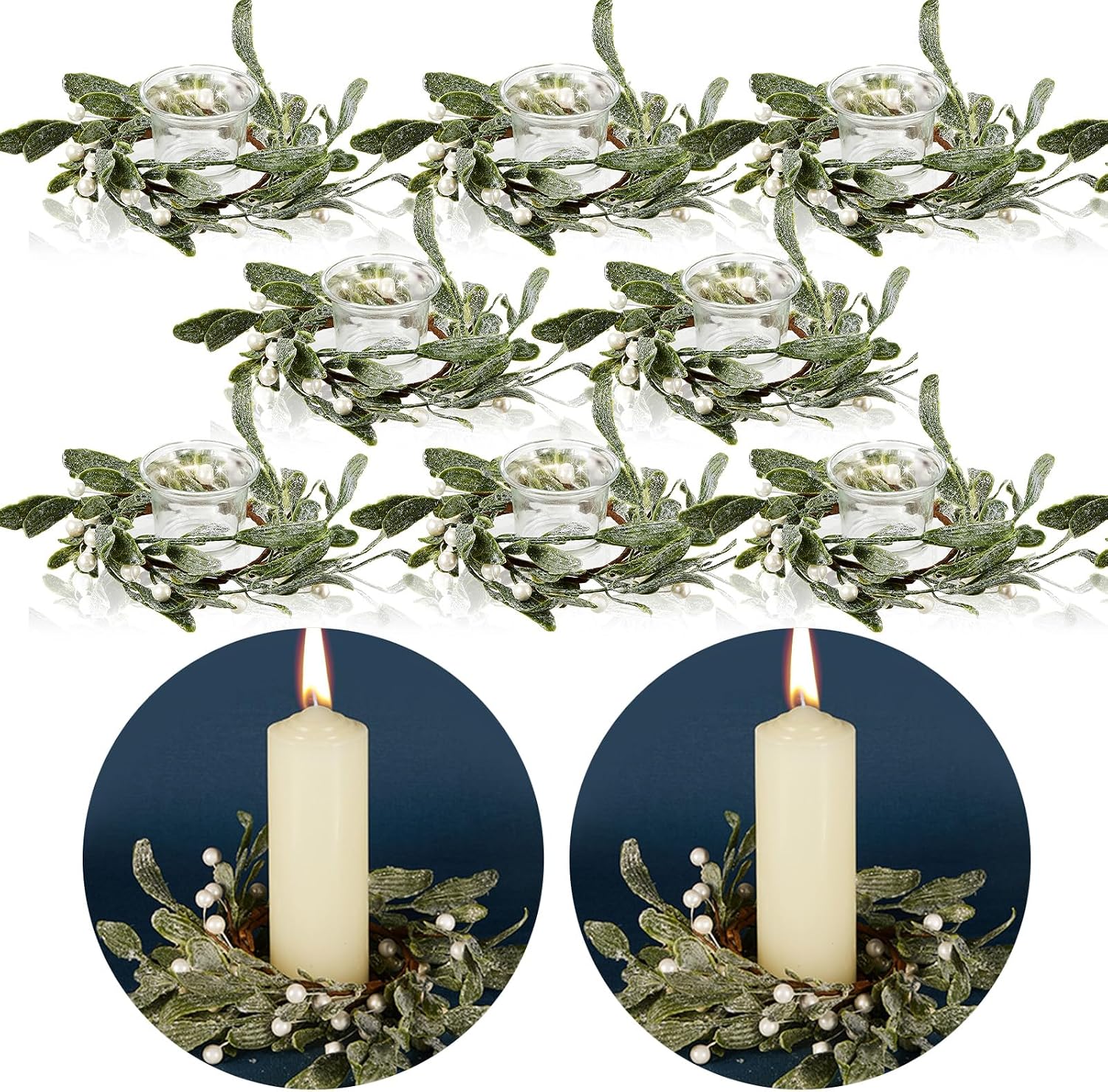 5 Pcs Christmas Candle Ring Wreath 3 Inch,White | Artificial Mistletoe Wreath with Pearl Country Lambs Ear Wreath for Pillar Candle Christmas Home Party Decoration