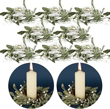 Waydress 8 Pcs Christmas Candle Ring Wreaths 3 Inch Artificial Mistletoe Wreath with Pearl Country Lambs Ear Wreath for Pillar Candle Christmas Table Home Decor