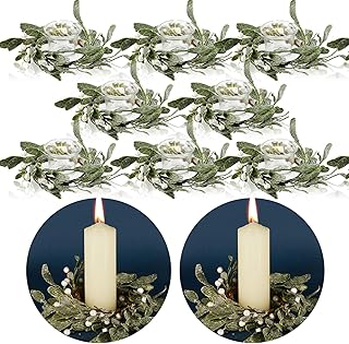 Waydress 8 Pcs Christmas Candle Ring Wreaths Artificial Mistletoe Wreath with Pearl Country Lambs Ear Wreath for Taper Pillar Candle Christmas Table Home Decor Inner Diameter
