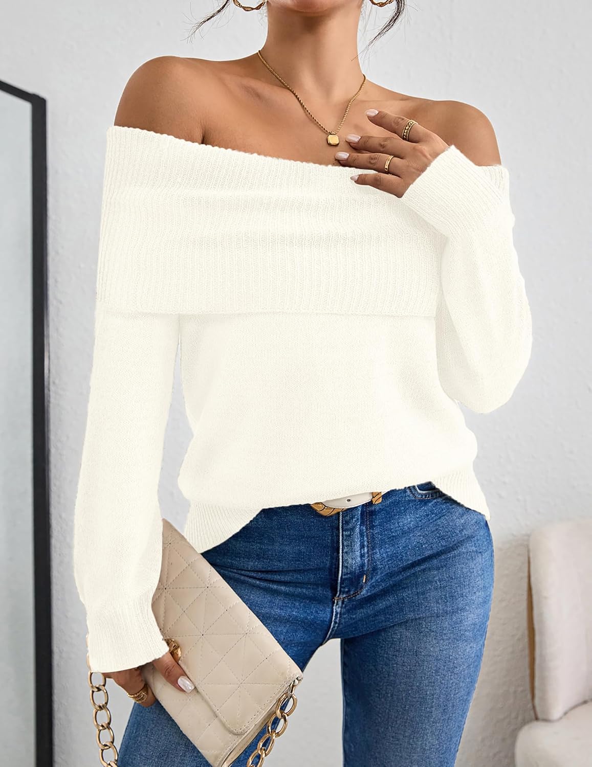 SunnyMelody Womens Off The Shoulder Sexy Sweater Fall 2025 Trendy Ladies Dressy Chunky Ribbed Knit Slim Fit Pullover Tops - Image 2