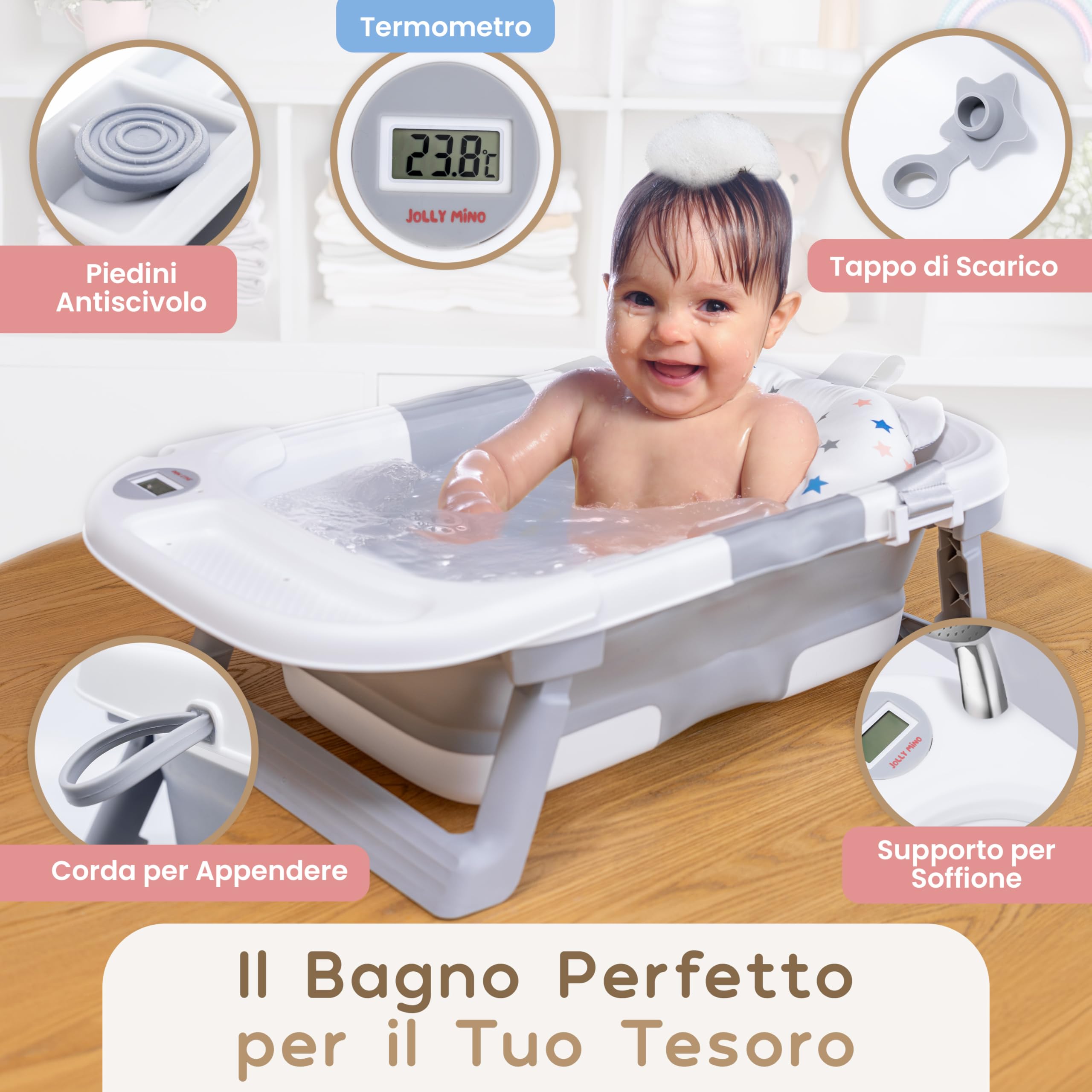 Vaschetta Bagnetto Neonato - Vasca Neonato Bagnetto - Bagnetto Neonato Pieghevole - Vasca Da Bagno Pieghevole Con Termometro Con Cuscino - Vasca Da Bagno Pieghevole Per Bambini - Regalo Per Nascita
