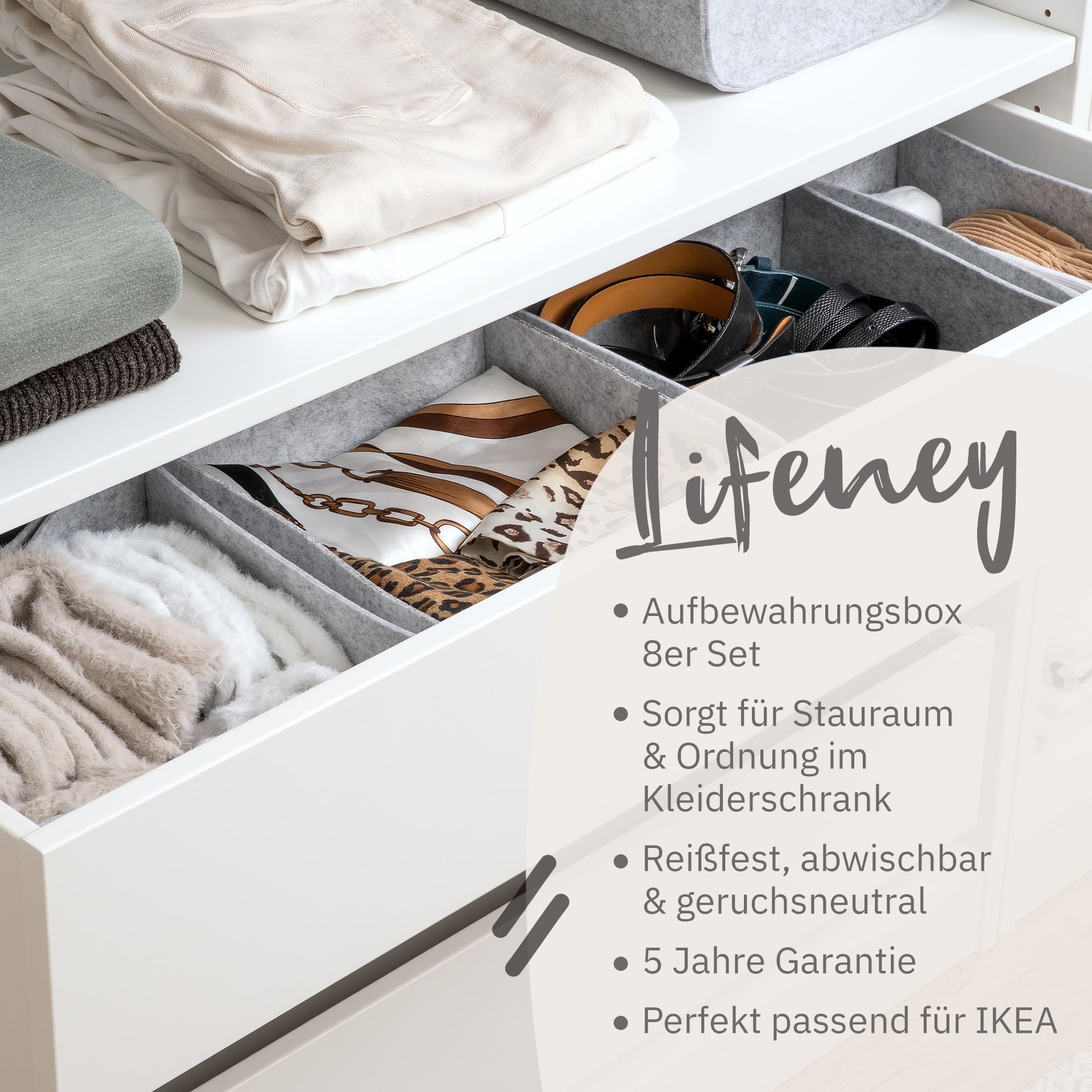 Aufbewahrungsbox 8er Set – Schrank Organizer aus der Serie Organize your closet – Für Stauraum & Ordnung im Kleiderschrank – 6x 12x27x25 cm & 2x 12x27x15 cm, Material: Filz