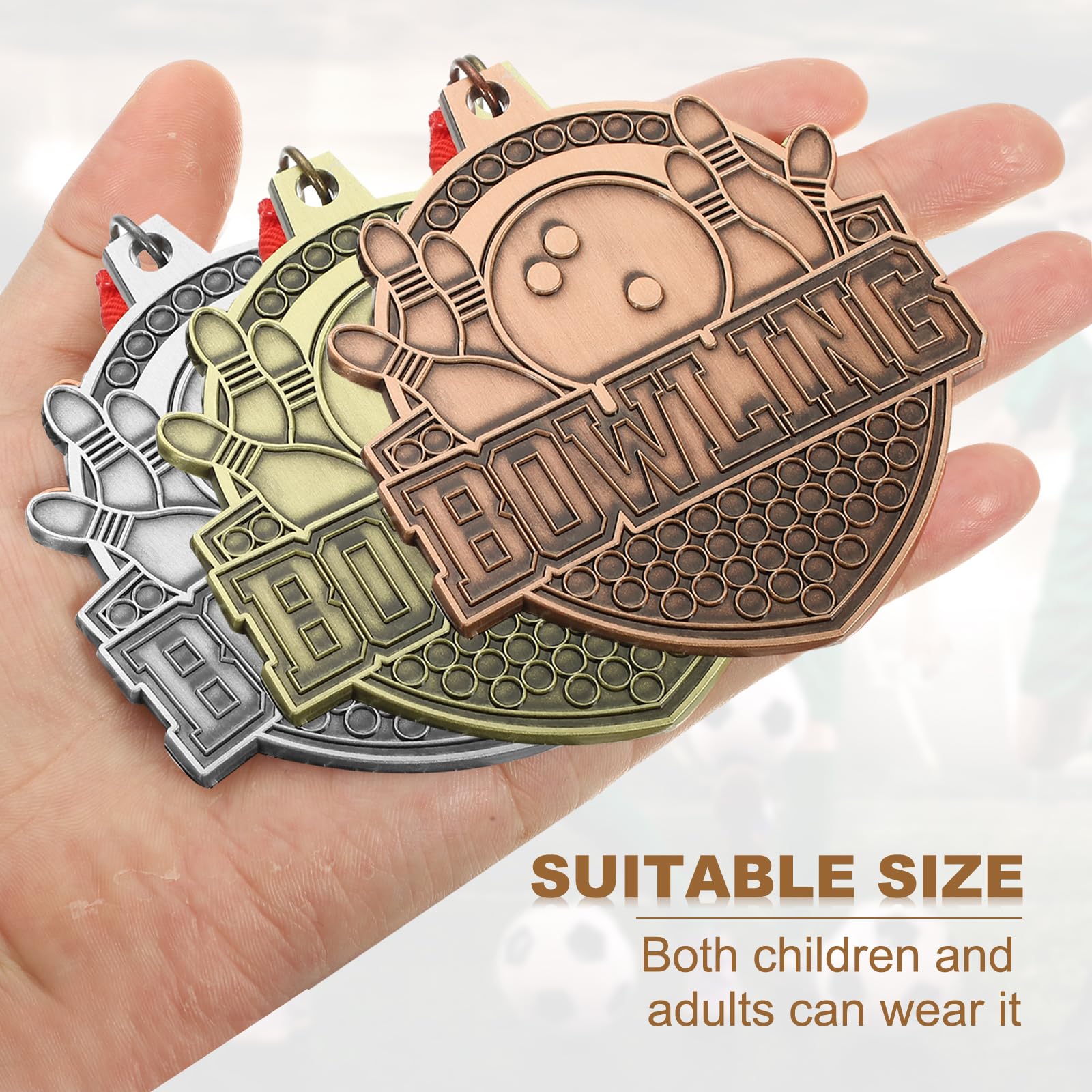 PATIKIL Medaglie d'oro Argento Bronzo per Giochi Bowling con Nastri Rosso & Bianco & Blu, Medaglia di Bowlingo 9Pz Medaglie Vincitore Premi Competizioni Oro/Argento/Rosso