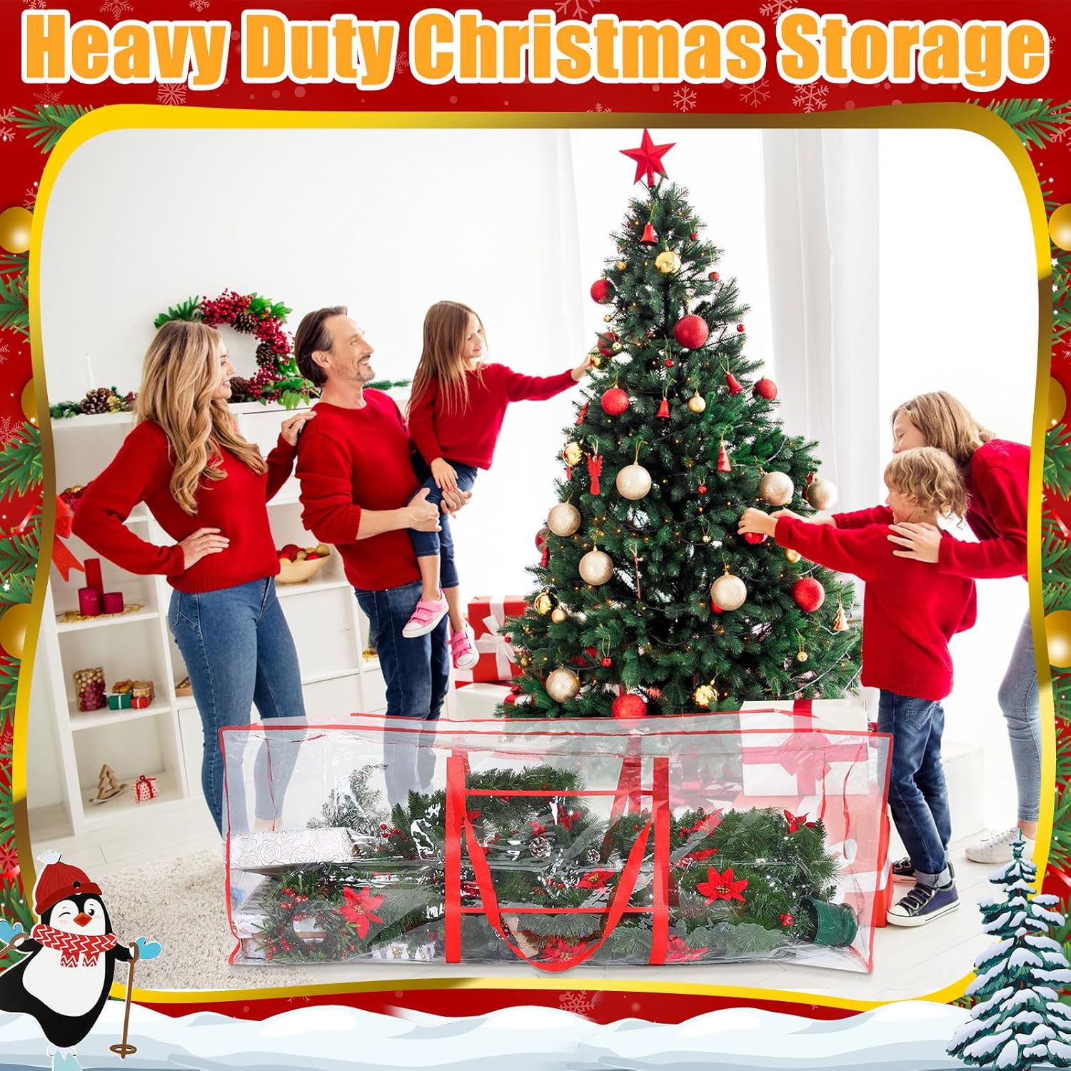 Sadnyy 2pcs Large Christmas Tree Storage Bag 9ft Plastic Waterproof Durable Heavy Duty Xmas Holiday Tree Containers Bag with Handles for Storing Santa Garland Holiday Ornament