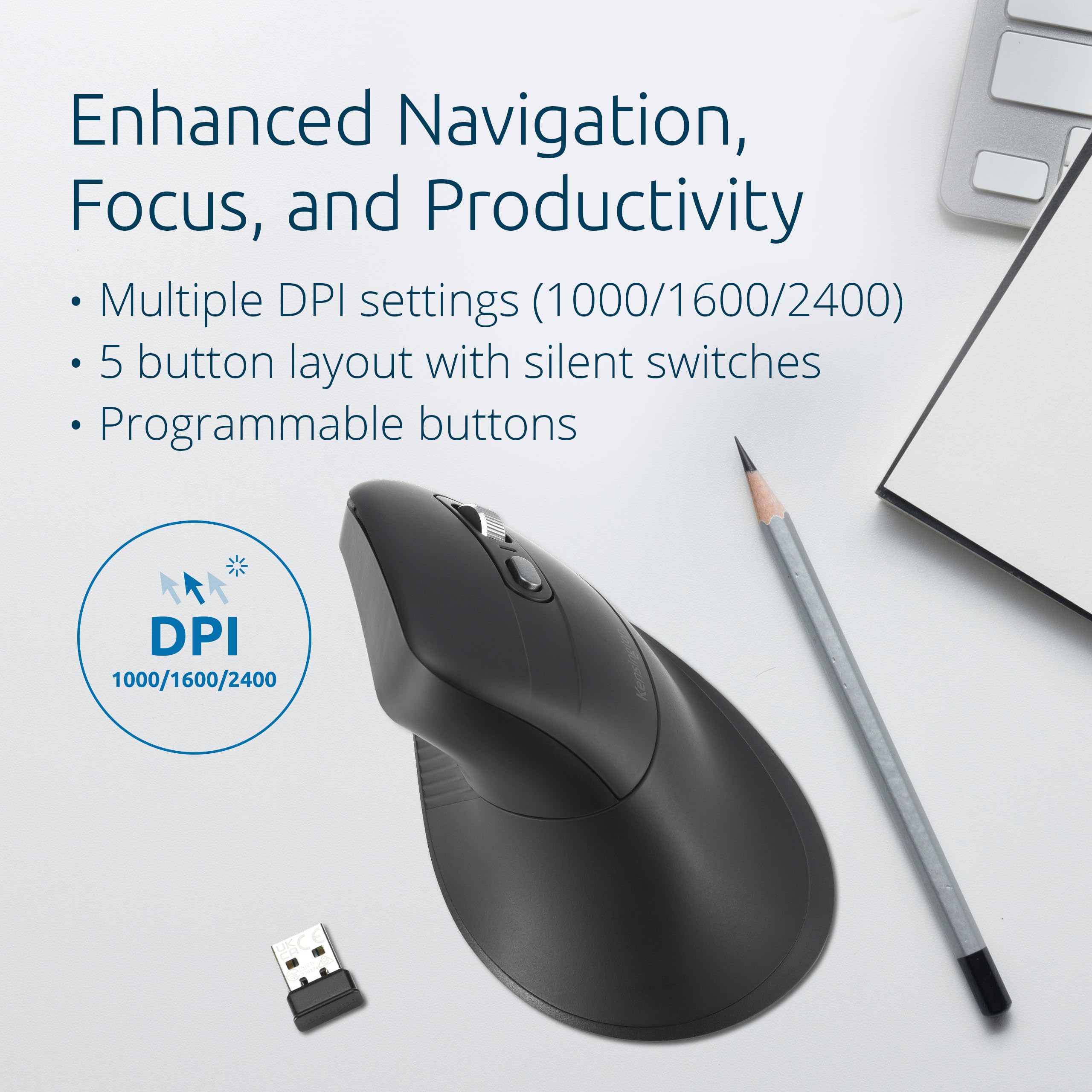 Kensington MY630 EQ - Ratón inalámbrico recargable, diseño vertical ergonómico, Bluetooth LE, 2.4GHz, negro (K72484NA) | Diseño vertical ergonómico, conexión Bluetooth LE y 2.4 GHz, batería recargable