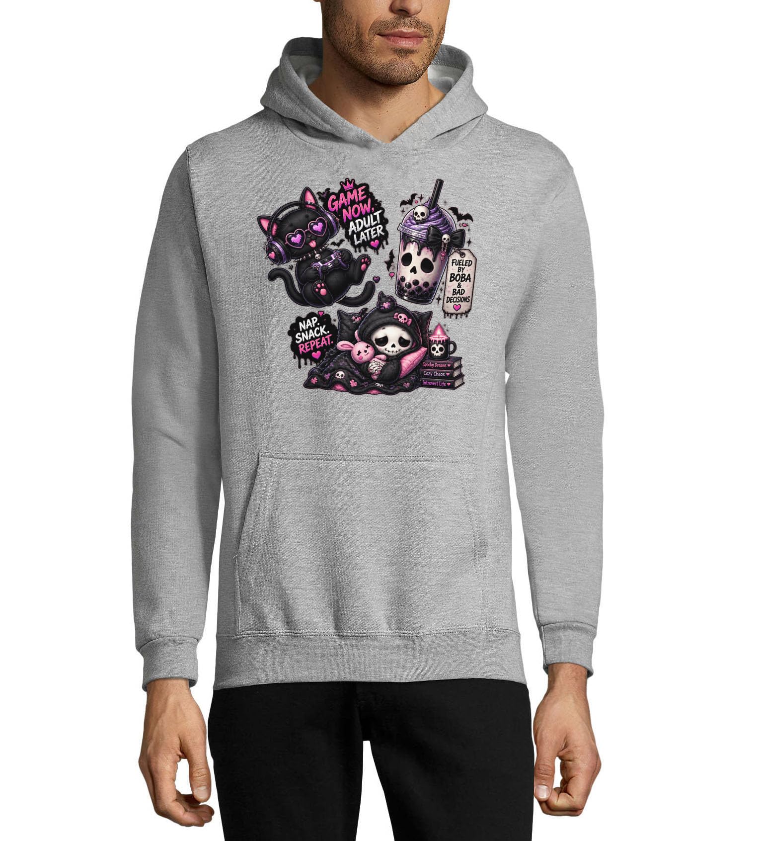Urocza ciemna estetyczna gra i relaks unisex mieszanka bawełny bluza z kapturem bluza z kapturem szara
