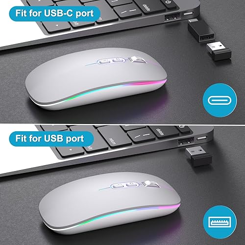 Miniatura 6 de Actualización Ratón inalámbrico LED, mouse delgado y silencioso 2.4G portátil óptico de oficina con USB y receptor tipo C, 3 niveles de DPI