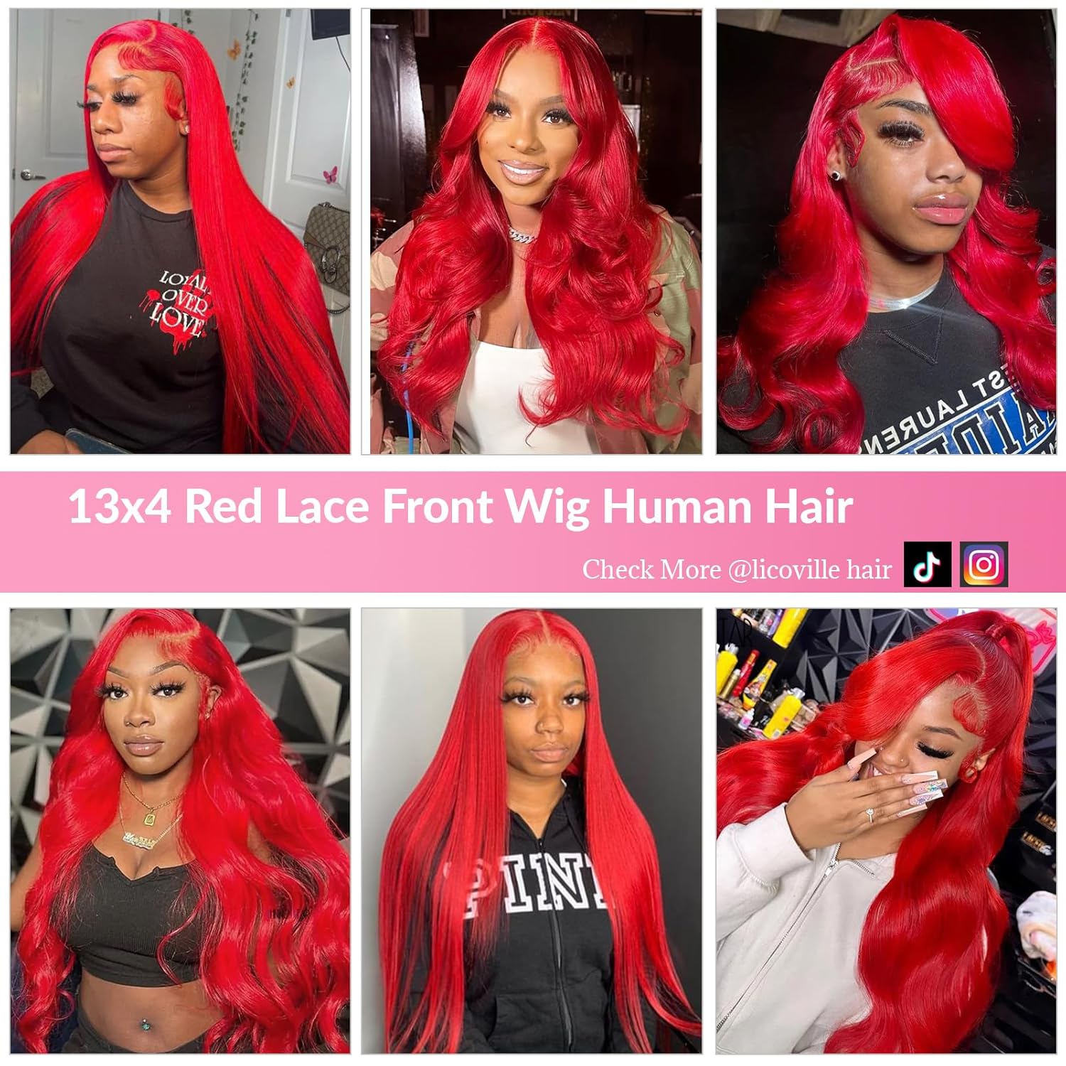 Licoville 30 Inch Long Straight Hot Red Lace Front Wigs Human Hair 13x4 HD Transparent Straight Colored Frontal Lace Wig Pre Plucked 180% Density Bright Hot Red Human Hair Wigs