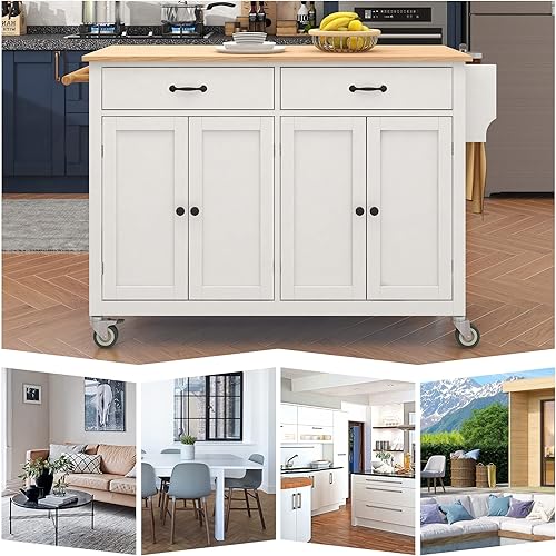 Miniatura 4 de P PURLOVE Carrito de isla de cocina con parte superior de madera y ruedas de bloqueo, carrito móvil de isla de cocina con armario de 4 puertas,