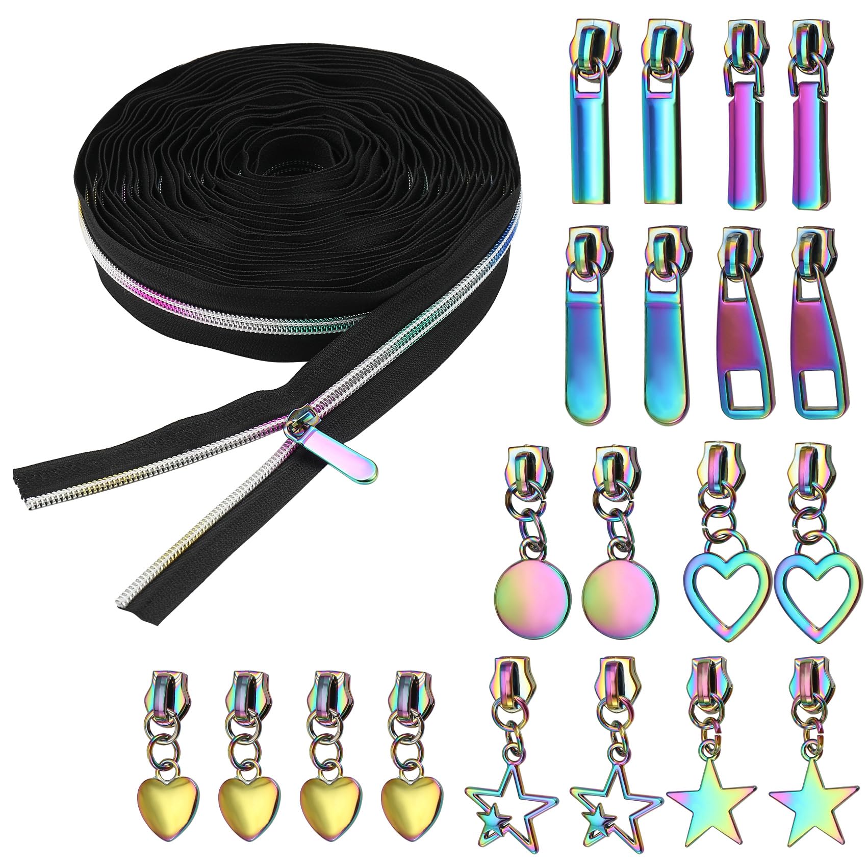 Micvtve #5 Rainbow Zipper Tape by The Yard 10 Yards Rainbow Teeth Nylon Zipper with 20 Pcs Colorful Metal Slider Pulls (10 Styles) for DIY Sewing Tailor (Black)