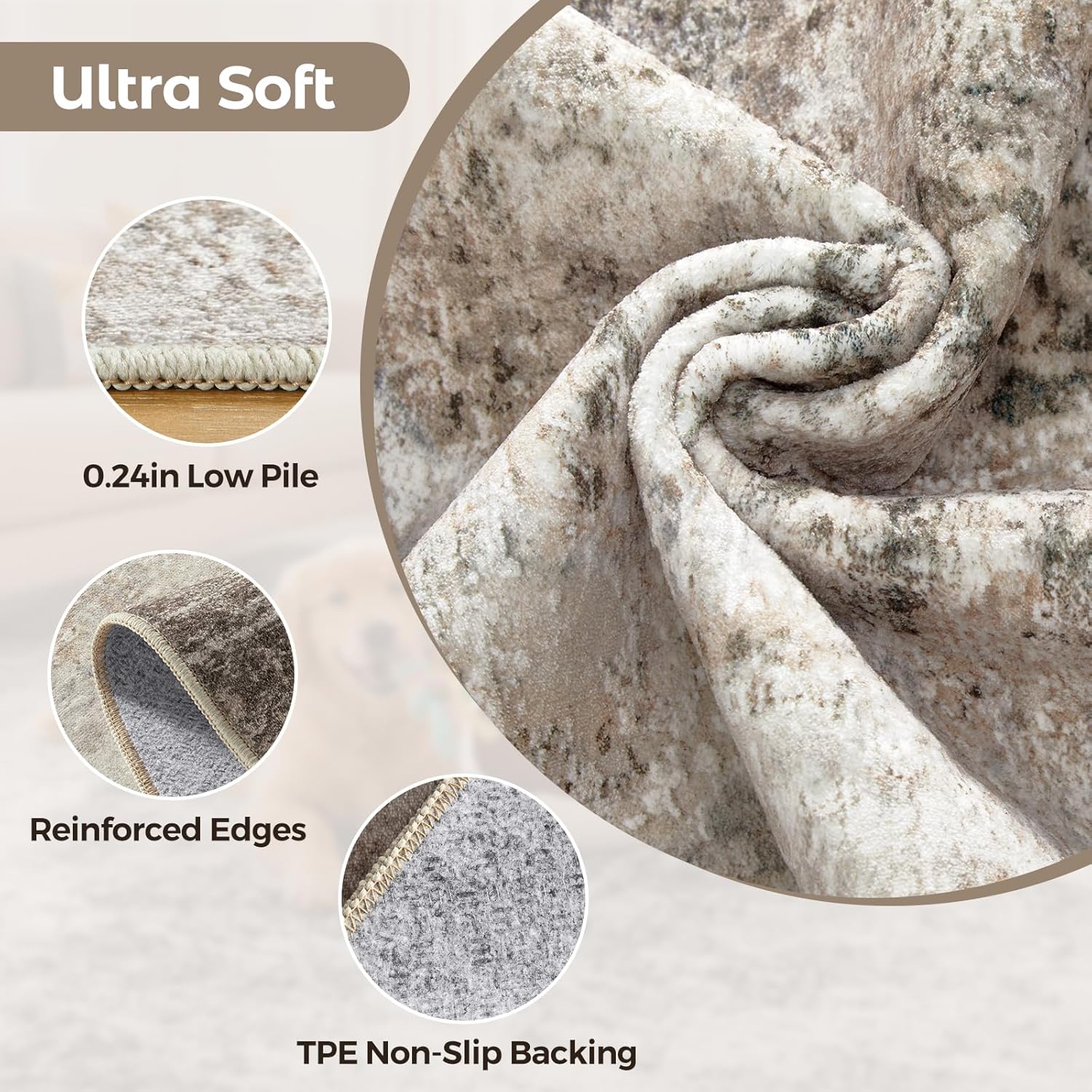 WITSHOCK 9x12 Rugs for Living Room - Washable Modern Abstract Soft Low Pile Non-Slip Neutral Large Indoor Carpet for Bedroom, Dining Room, Nursery, Office Home Decor - Dark Brown