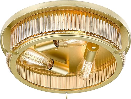 3 lámparas de techo doradas de 16 pulgadas, luces de techo de montaje empotrado de vidrio a rayas ámbar, luces de techo industriales de latón para