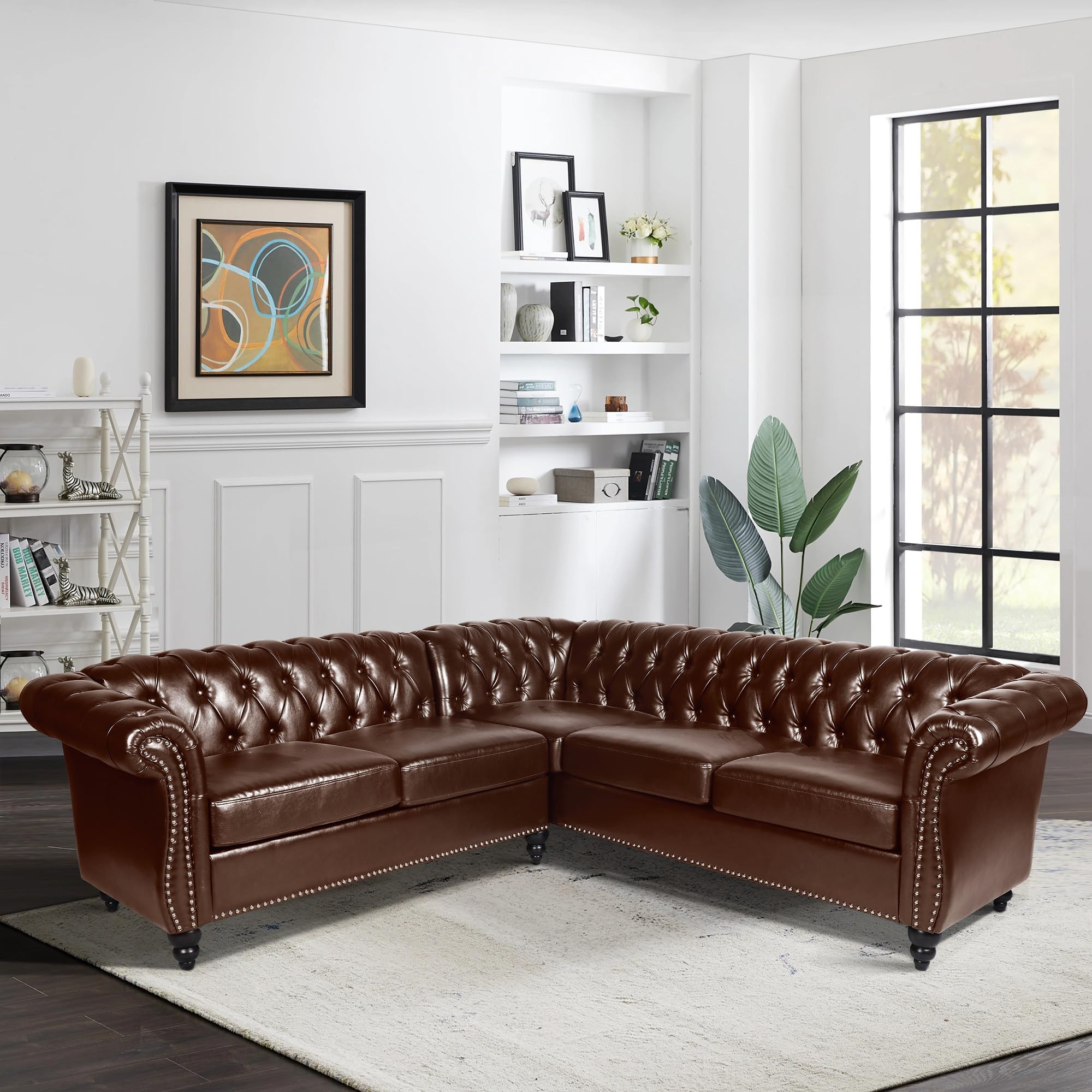ORRD L Shaped Small Sectional Sofa, Chesterfield Leather Couch Tufted Accent Sofa with Scroll Arms and Nailhead for Living Room, Office (Dark Brown)