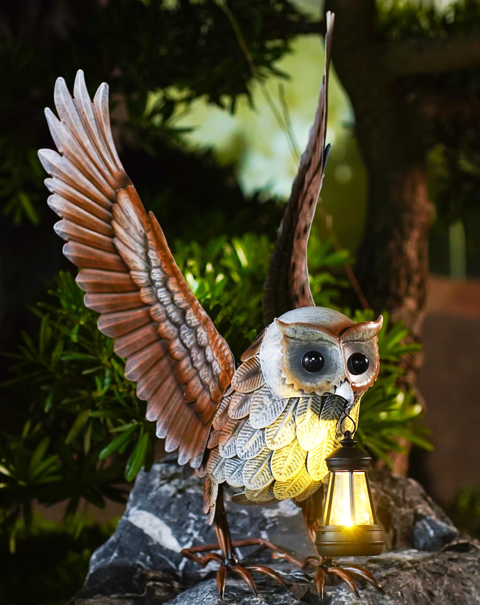 Metall Eule Figuren mit Solarlampen Gartendeko für Außen 53.5CM | Eulen Vogel Gartenfiguren, Lustige Geschenke für Frauen Männer Mama, Deko Wohnzimmer Garten Balkon Wetterfest Deko