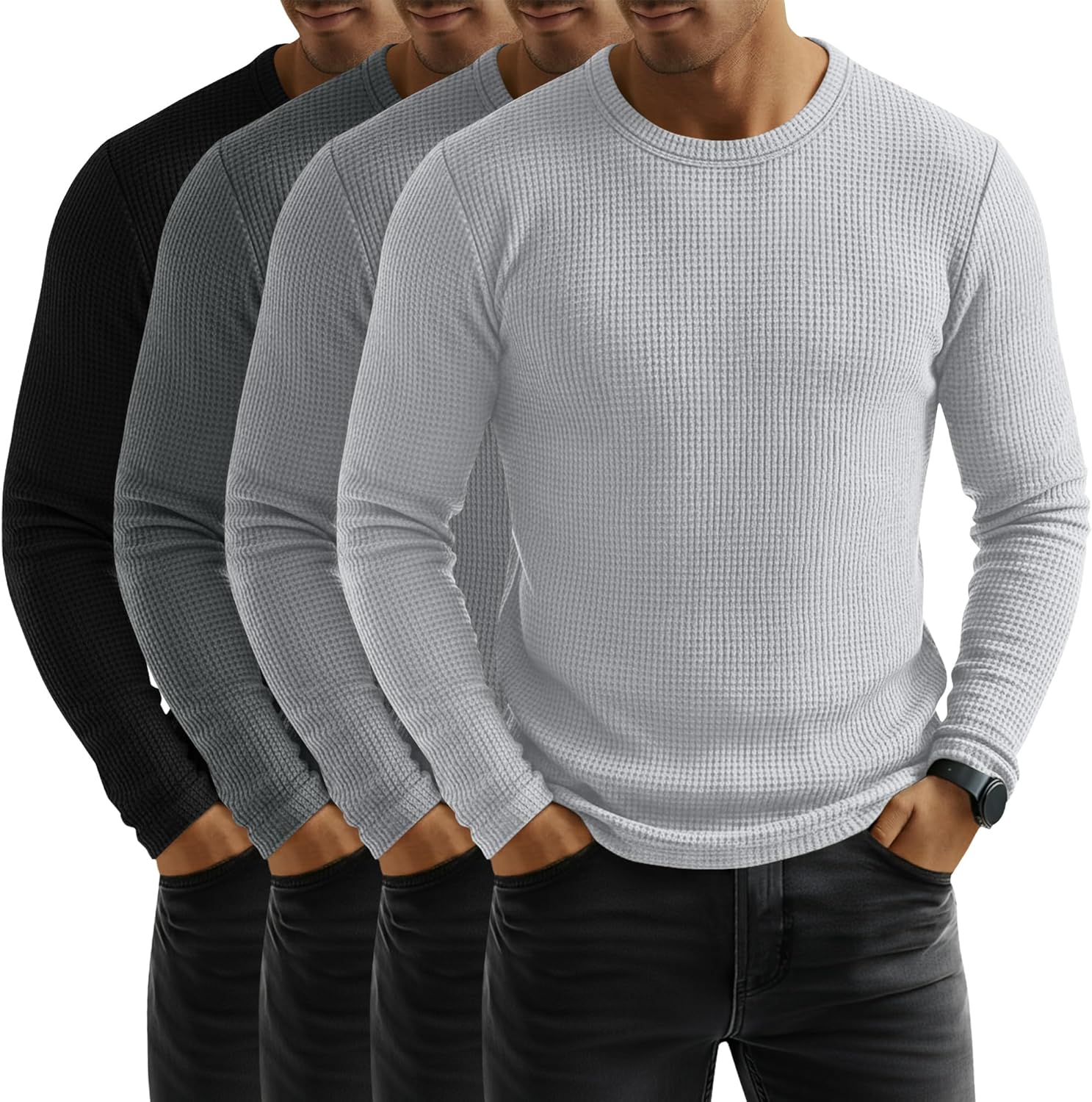 4-Pack Men’s Lightweight Waffle Long Sleeve Crew Neck T-Shirts 4-Pack Men’s Lightweight Waffle Long Sleeve Crew Neck T-Shirts