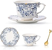 TATSUMI Country Roses Bone China Tea Cup Saucer Spoon Set, 3pc Vintage Floral Design for Tea Parties & Gifts
