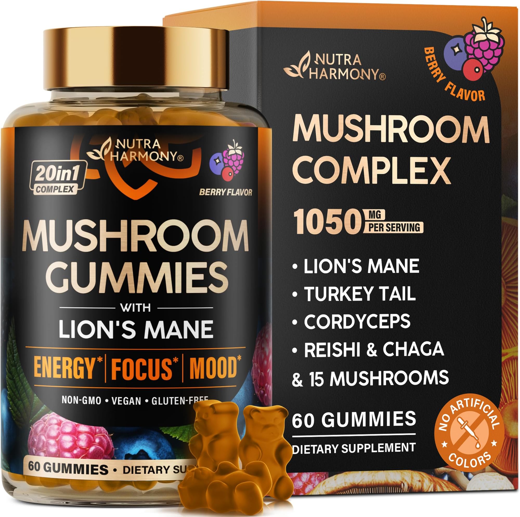 Mushroom Gummies - Lions Mane | Turkey Tail | Cordyceps | Reishi & Chaga - 20-in-1 Natural Mushroom Supplement 1050 mg - Energy, Focus, Mood & Cognitive Support - Vegan, Berry Flavor - 60 Gummies