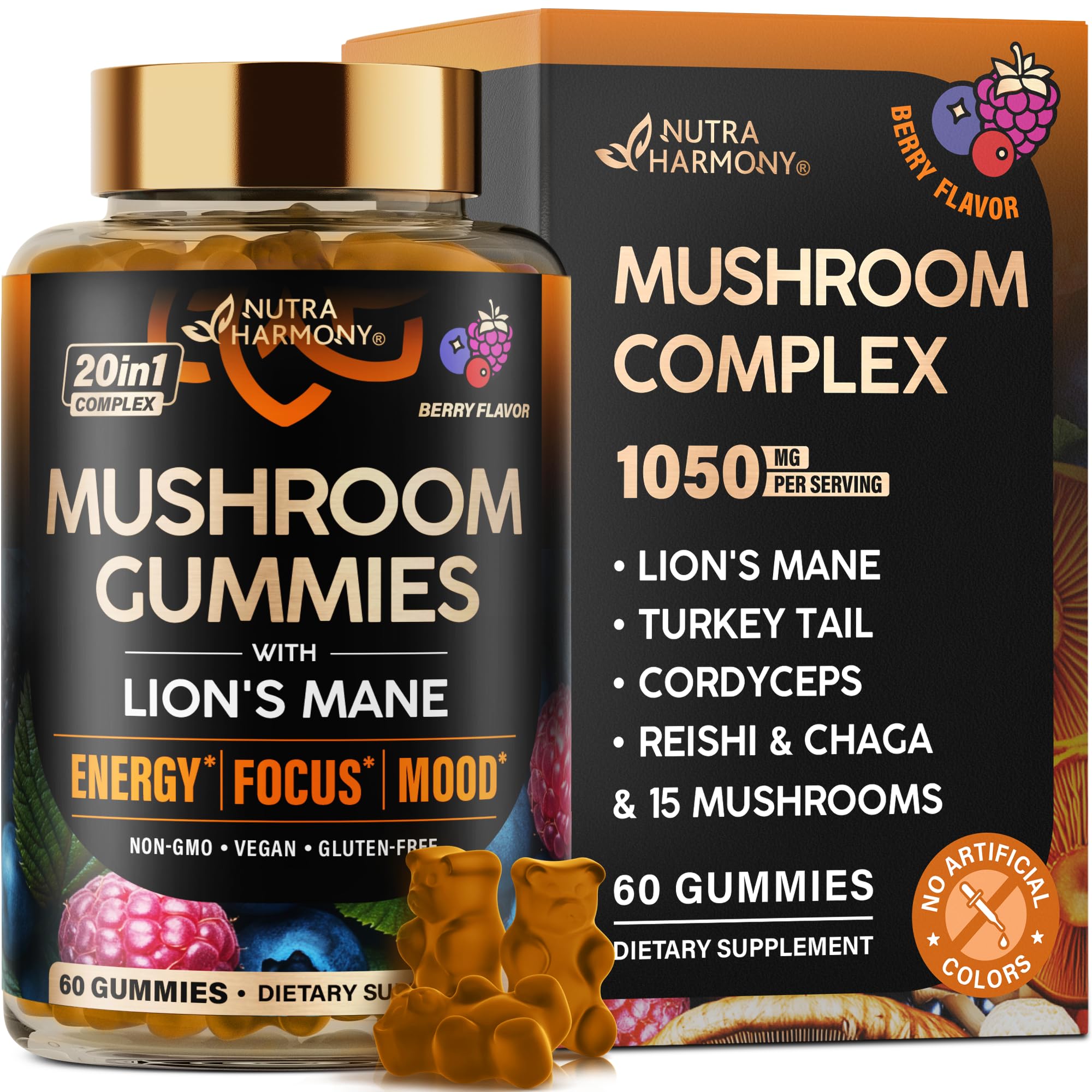 Mushroom Gummies - Lions Mane | Turkey Tail | Cordyceps | Reishi & Chaga - 20-in-1 Natural Mushroom Supplement 1050 mg - Energy, Focus, Mood & Cognitive Support - Vegan, Berry Flavor - 60 Gummies
