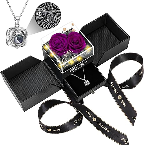 Miniatura 18 de Rosa Real Preservada con Collar de Corazón I Love You - Flores Eternas Regalos de Cumpleaños de Rosa para Ella Mamá Esposa Novia Abuela en San 2