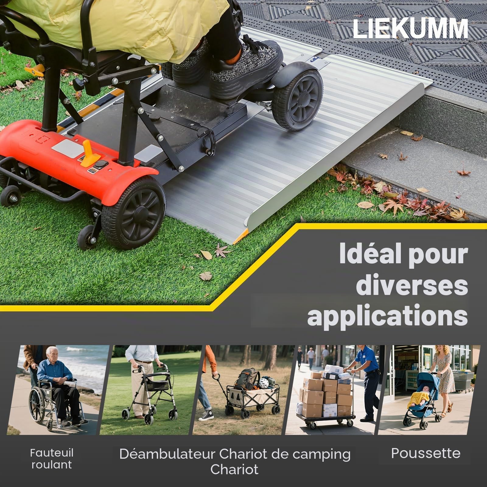 LIEKUMM Rampe de fauteuil roulant, 91 x 77 cm, 450 kg, pliable, aluminium, pour escaliers et trottoirs