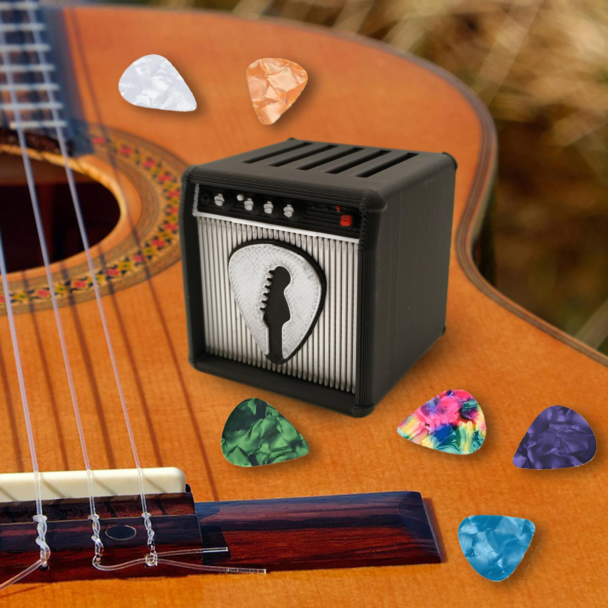 Soporte único para púas de guitarra, modelo de amplificador de guitarra, organizador de púas y vitrina, regalo para entusiastas de la música y guitarristas (plateado)