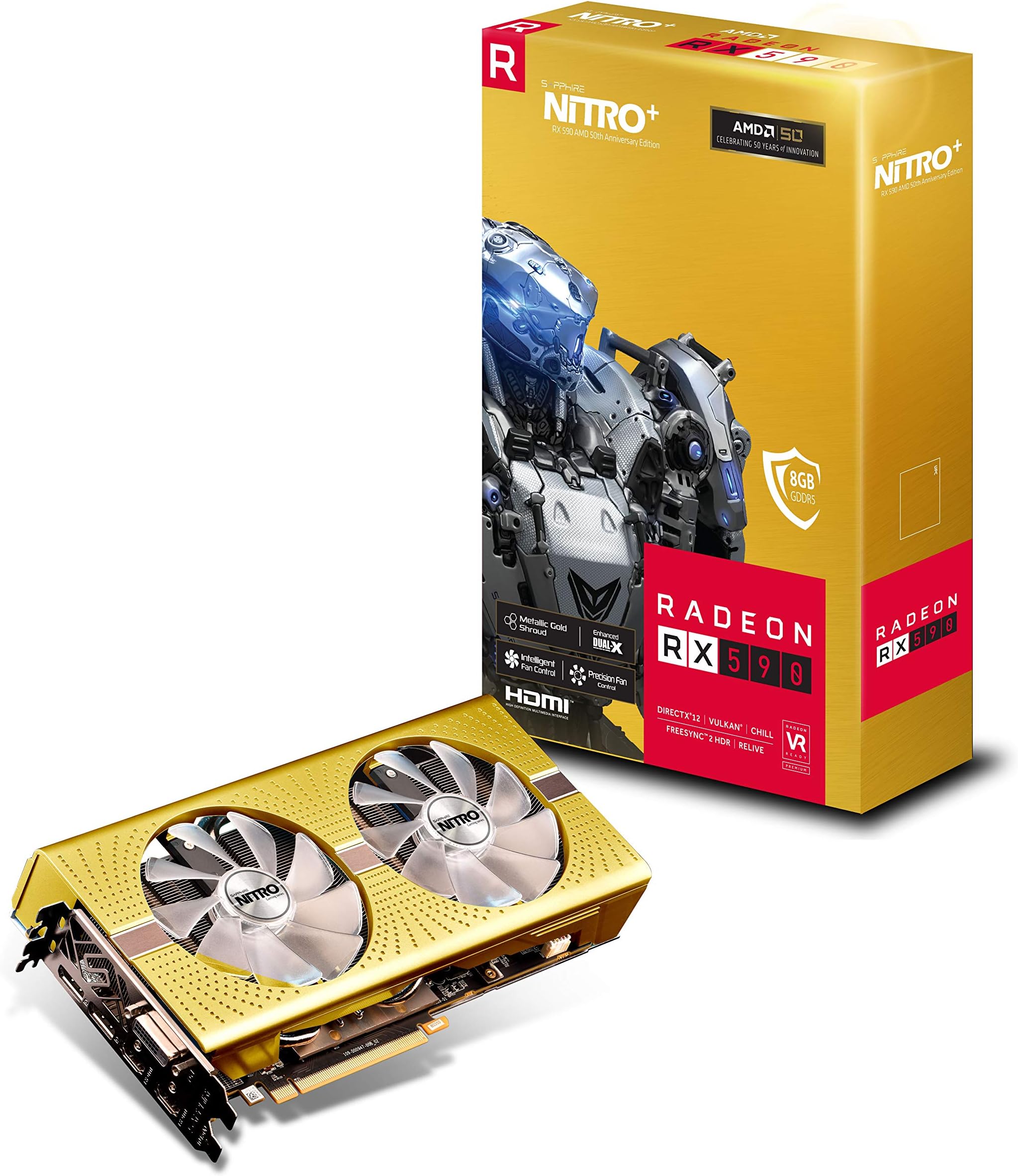 Sapphire Radeon NITRO+ Rx 590 8GB GDDR5 Dual HDMI/ DVI-D/ Dual DP OC w/ Backplate AMD 50th ANNIVERSARY Edition (UEFI) PCI-E Graphic Cards