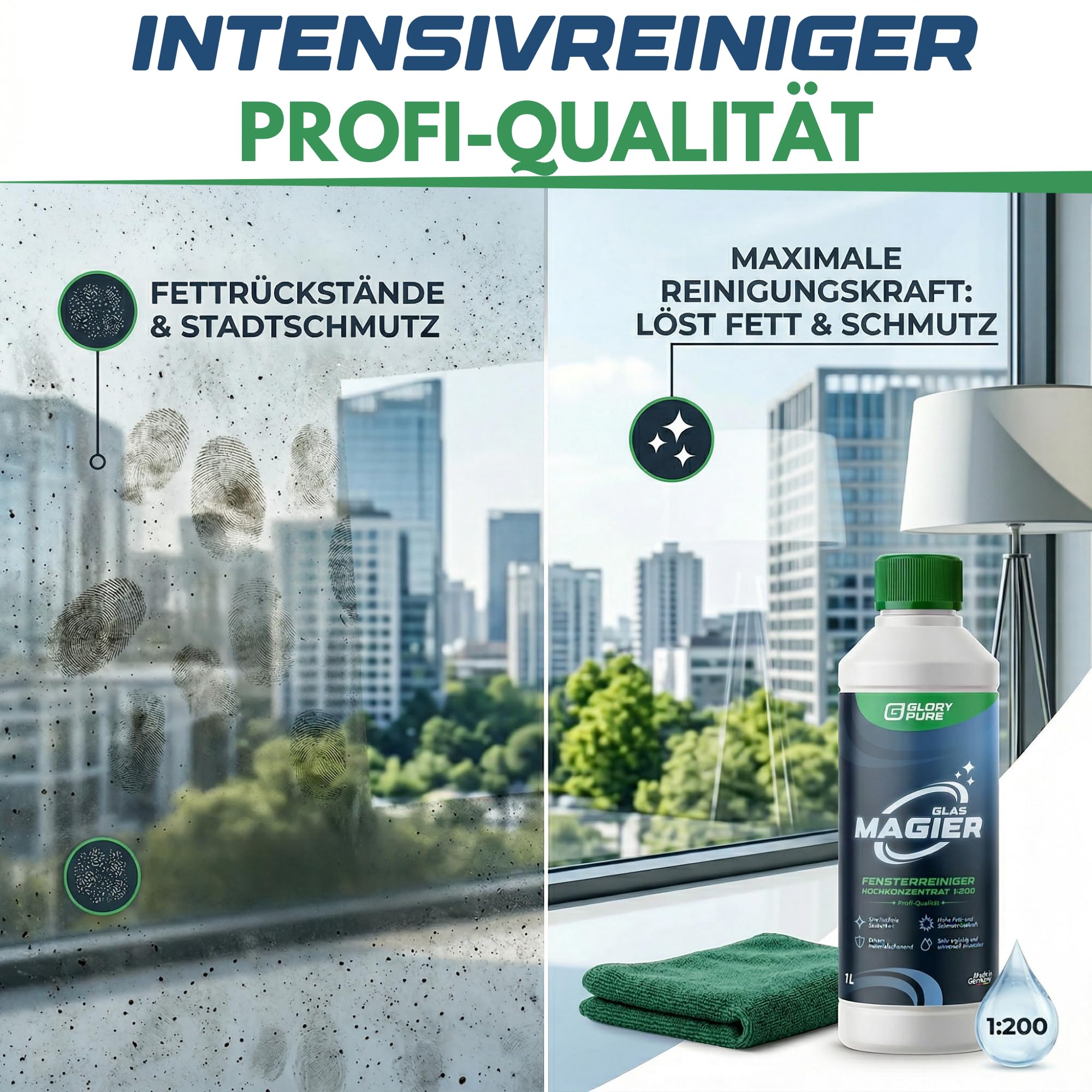 GLAS-MAGIER Fenster-Reiniger 200-fach Hochkonzentrat in Profi-Qualität | Streifenfreie Sauberkeit, materialschonend, sehr ergiebig | Exzellent auch für Fenster-Sauger