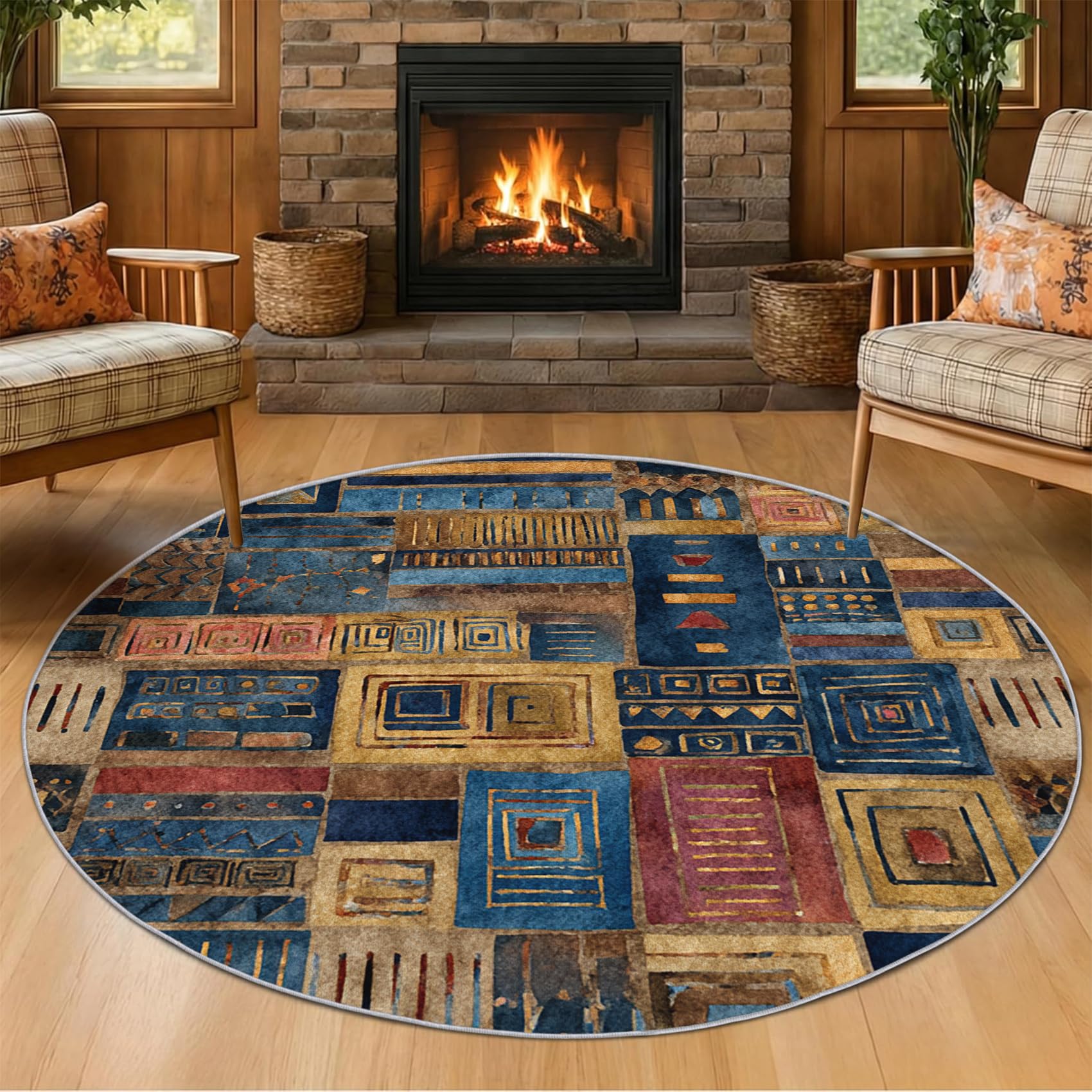 Tapis Rond Marocain Salon Chambre 100 cm de Diamètre | Motif Afrique Bleu Jaune, Antidérapant, Lavable, Poil Ras, Doux Carpet, Decoration, Moquette, Paillassons