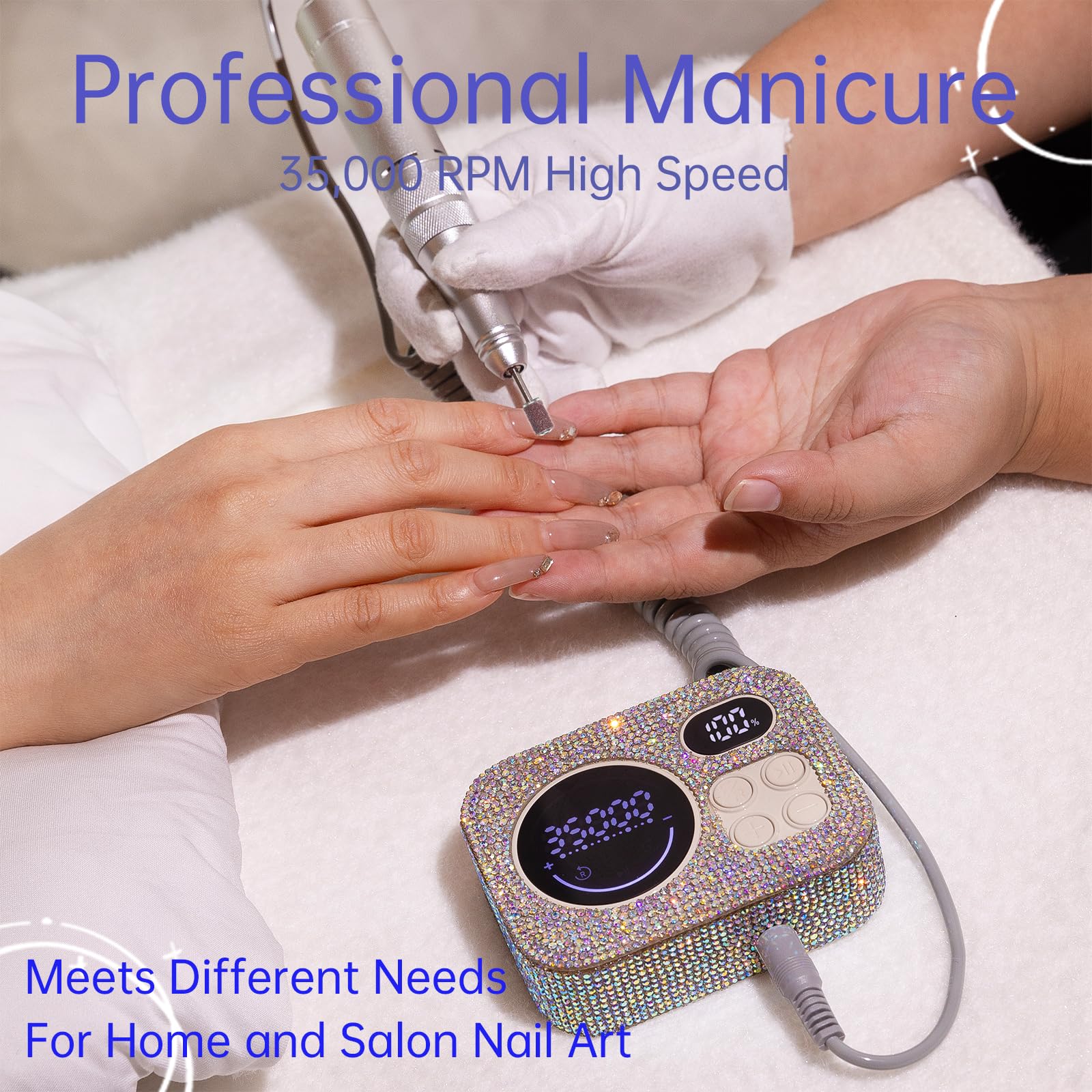 Perceuse à ongles professionnelle rechargeable 35 000 tr/min, lime à ongles électrique à paillettes diamant pour façonner, enlever et polir les ongles en gel, portable et facile à utiliser