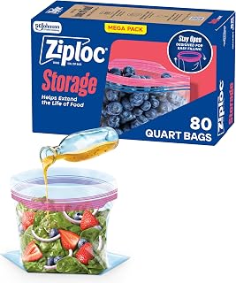 Ziploc Quart Food Storage Bags with Stand-Up Bottom & Stay Open Design, Easy Fill Grip 'n Seal, 80 Count